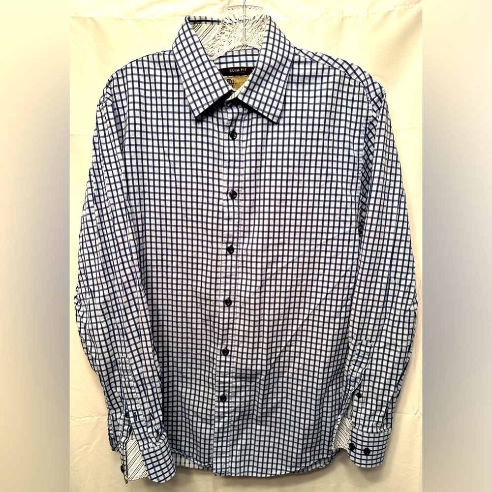 Jhane Barnes Men's Blue Square Check 100% Cotton Shirt With Contrast Cuff Size M